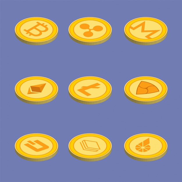 Vektor isometrischer symbolsatz für kryptowährung. goldene münzen mit kryptowährungssymbol. illustration.
