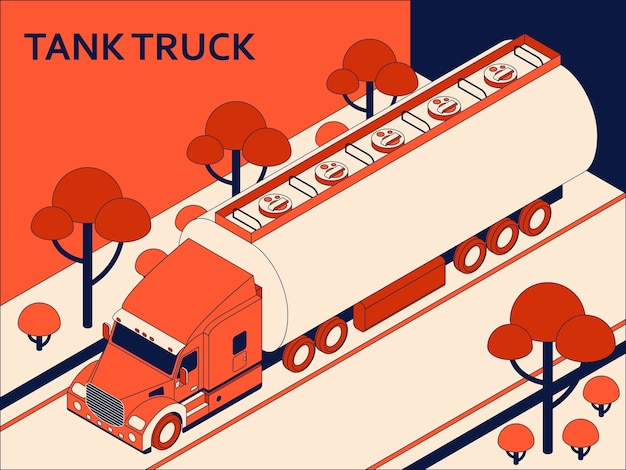 Isometrischer tankwagen für transportöl und erdöl auf der straße. frachttransportkonzept