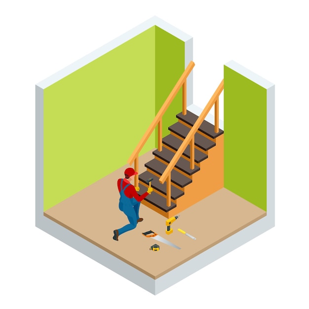 Vektor isometrischer tischler, der eine holztreppe baut und die ebenen auf genauigkeit und qualitätskontrolle in einem neuen zuhause überprüft. vektor-illustration