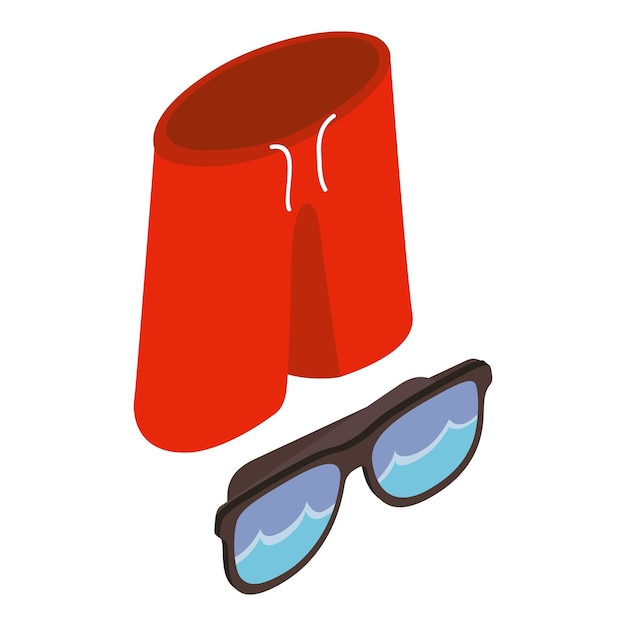 Vektor isometrischer vektor des strandaccessoire-symbols rote shorts und sonnenbrille, die die welle reflektieren strandurlaub sommerurlaub