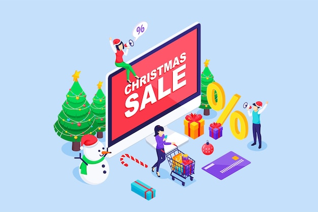 Isometrischer weihnachtsverkauf mit jungen frauen kauft online über eine computerillustration ein