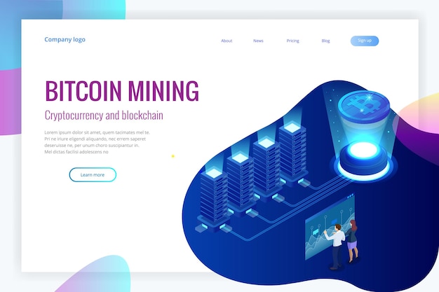 Isometrisches Bitcoin-Mining-Konzept. Kryptowährung und Blockchain-Konzept. Farm zum Schürfen von Bitcoins. Digitaler Geldmarkt, Investitionen, Finanzen und Handel. Vektor-Illustration.
