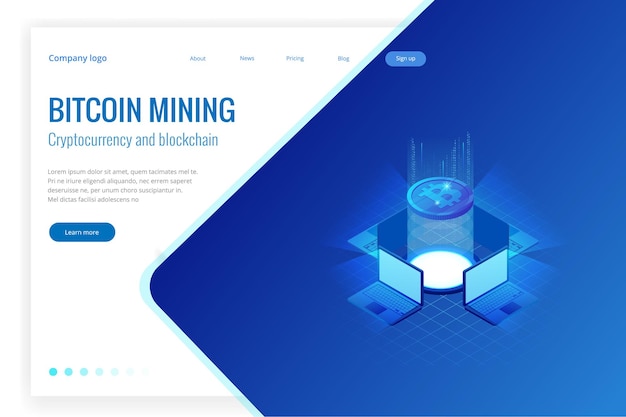 Isometrisches Bitcoin-Mining-Konzept. Kryptowährung und Blockchain-Konzept. Farm zum Schürfen von Bitcoins. Digitaler Geldmarkt, Investitionen, Finanzen und Handel. Vektor-Illustration.