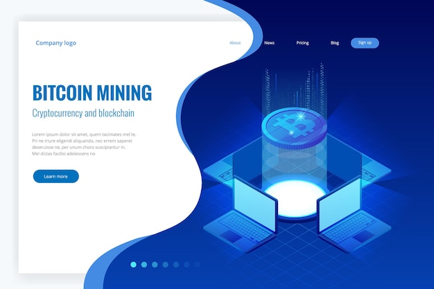 Isometrisches Bitcoin-Mining-Konzept. Kryptowährung und Blockchain-Konzept. Farm zum Schürfen von Bitcoins. Digitaler Geldmarkt, Investitionen, Finanzen und Handel. Vektor-Illustration.