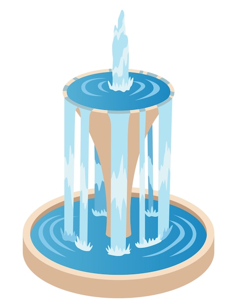 Vektor isometrisches brunnensymbol für den außenpark. modernes architekturdekorsymbol mit spritzenden tropfen. vektorstadt-infografik mit wasserdekorationselementen