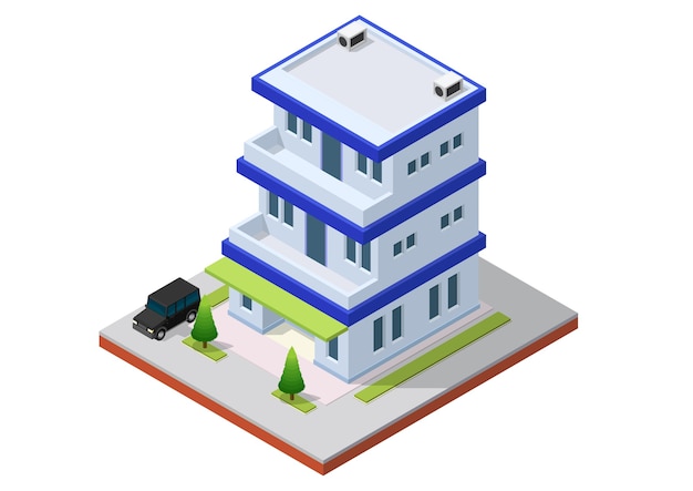 Isometrisches Bürogebäude mit Auto. Kommerzielles Bürogebäude isolierte Illustration