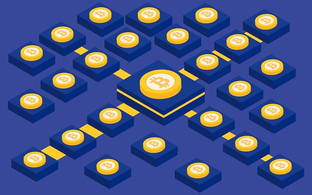 Isometrisches Design der Bitcoin-Kryptowährungsblockkette Gold Vektorillustration