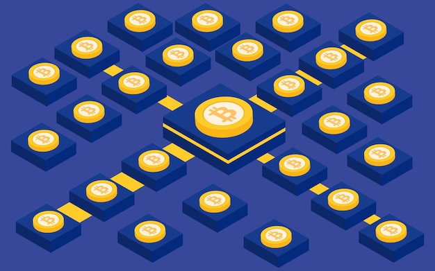 Vektor isometrisches design der bitcoin-kryptowährungsblockkette gold vektorillustration