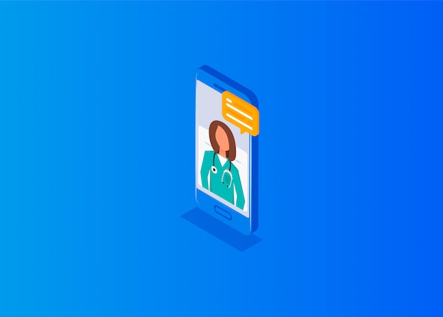 isometrisches Doktoronlinekonzept. Berufsarzt online auf einem Smartphone