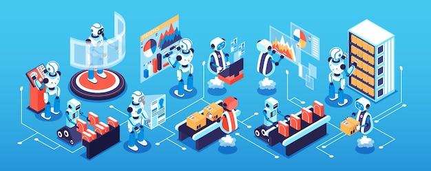 Isometrisches enges Konzept des Roboterprozesses mit Illustration der Wissenschafts- und Technologiesymbole