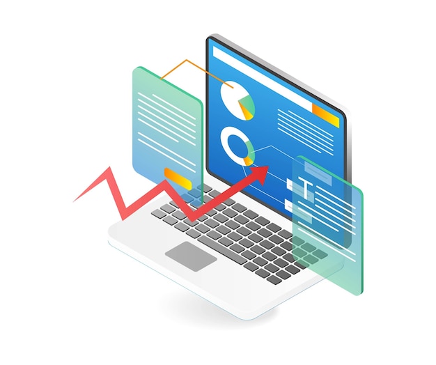 Isometrisches flaches 3D-Illustrationskonzept des Computerdatenanalyse-Kreisdiagramms