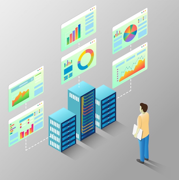 Isometrisches flussdiagramm des serverstatistik-vektors