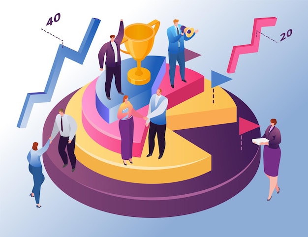 Isometrisches geschäftsdiagramm, vektorillustration. winziger mannfrauencharakterstand am runden diagramm mit trophäe, finanzdiagrammbericht. boss fördert das mitarbeiterteam zum wachstum des geschäftserfolgs, analysegrafik.