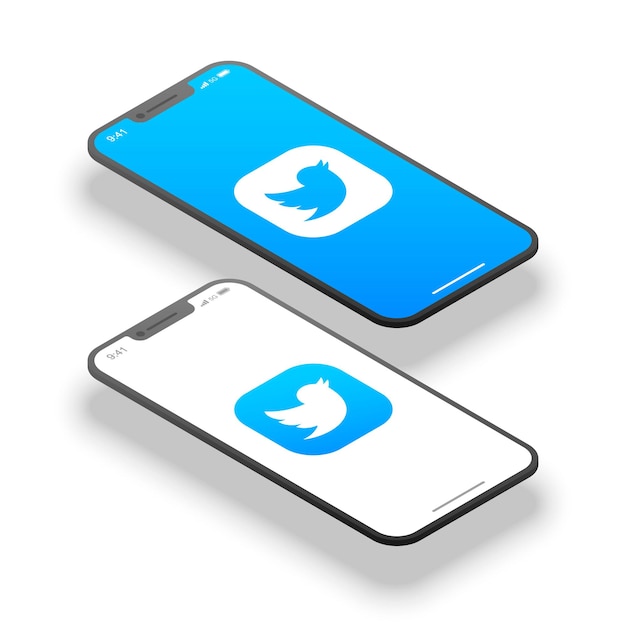 Isometrisches handy-bildschirmmodell mit isoliertem twitter-logo