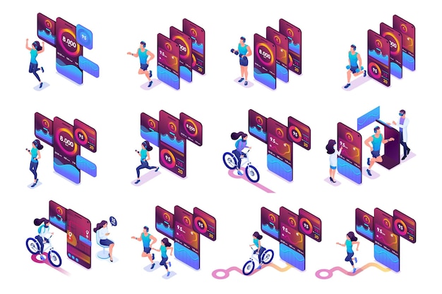 Vektor isometrisches helles design auf einem thema wie fahrradfahren fahrradfahren mit einer mobilen app für webdesign