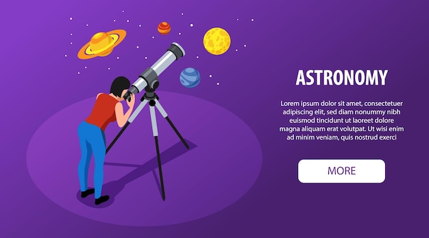 Isometrisches horizontales banner der astronomie mit mann, der durch teleskop-vektorillustration auf planeten und sterne am nachthimmel blickt