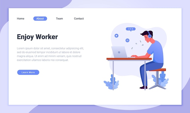 Isometrisches horizontales webbanner mit fröhlichem arbeiter, der musik vor dem computer hört, 3d-vect