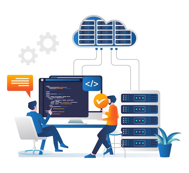 Isometrisches Illustrationskonzept Programmiersprache für Cloud-Server-Analysten