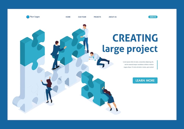 Isometrisches Jungunternehmerteam arbeitet an der Erstellung der Projekt-Vorlagen-Landingpage