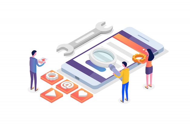 Isometrisches konzept für die entwicklung mobiler apps. landingpage-vorlage. illustration.