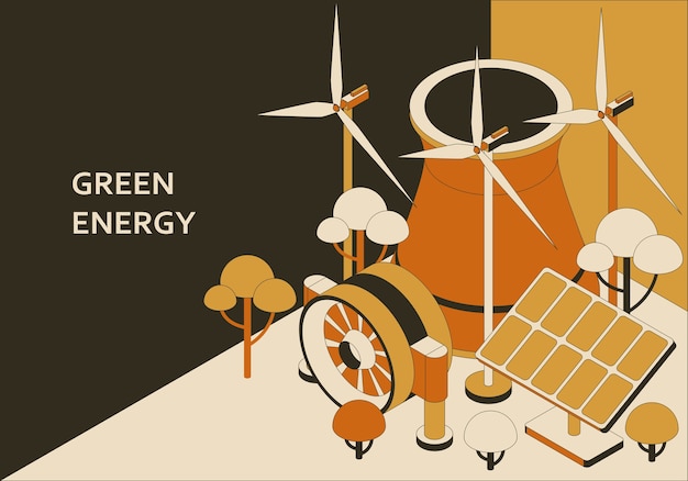 Isometrisches konzept für grüne energie. solar-, wind-, geothermie- und wellenenergieillustration