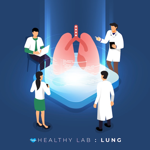 Isometrisches konzeptlabor über arztanalyse medizinisch gesund über lunge. teamwork ausbildung der wissenschaft. veranschaulichen.