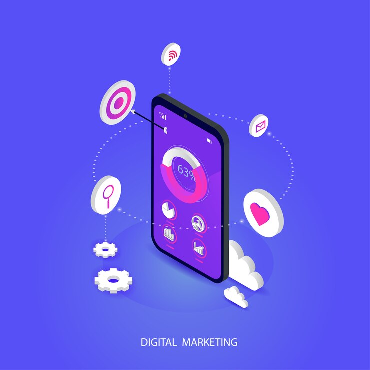Vektor isometrisches mobilkonzept seo-optimierung. und digitale medien, die flaches vektorkonzept vermarkten
