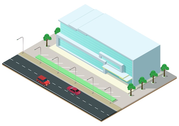 Isometrisches modernes geschäftszentrum mit autobahn. gewerbliches bürogebäude isoliert