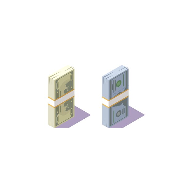 Isometrisches papiergeld dollar auf weißem hintergrund stapel von banknoten in verschiedenen richtungen ikonen für geld