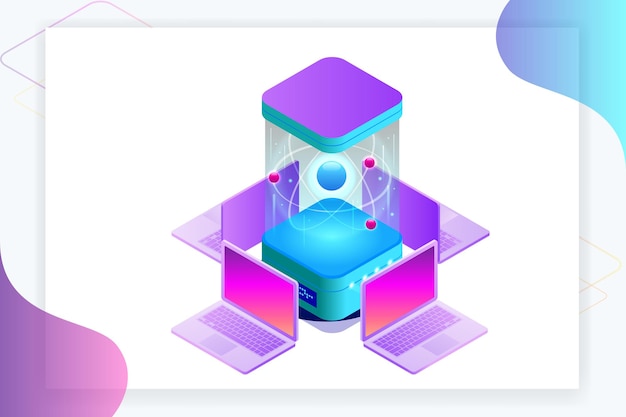 Isometrisches Quantencomputing oder Supercomputing. Ein Quantencomputer ist ein Gerät, das Quantencomputer durchführt. Vektor-Illustration.