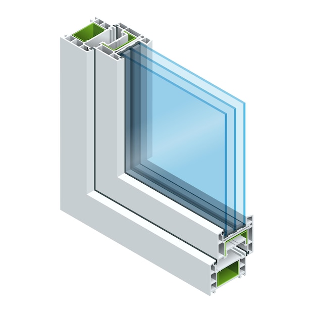 Isometrisches Querschnittsdiagramm einer dreifach verglasten Fensterscheibe aus PVC-Profil mit laminierter Holzmaserung, klassisch weiß. Flache Darstellung des Querschnittsdiagramms von verglasten Fenstern.