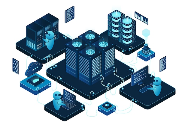 Isometrisches Rechenzentrum oder Serverraum Rechenzentrumsverbindungsnetzwerk Cloud-Speicherung Isometrisches High-Tech-Konzept Vektorillustration