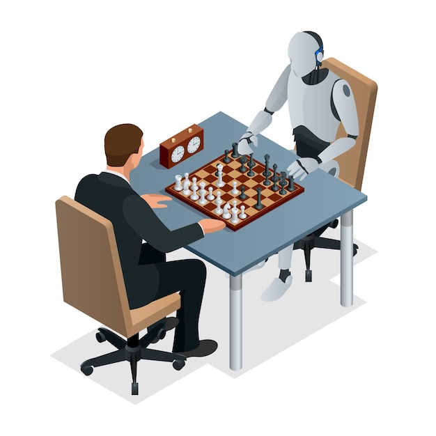 Isometrisches schachspiel mit konzept der künstlichen intelligenz. technologie der künstlichen intelligenz. roboterhand spielt schach, arm macht eine bewegung mit turm isolierte vektorillustration.