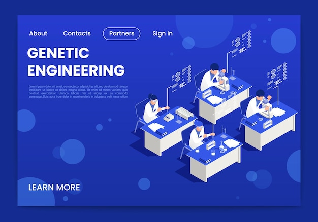 Isometrisches seitendesign der gentechnik mit laborsymbolvektorillustration