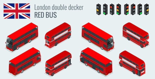 Isometrisches Set des roten Londoner Doppeldeckerbusses. Symbolsatz für Fahrzeuge im Vereinigten Königreich. 3D-Flachvektorillustration.