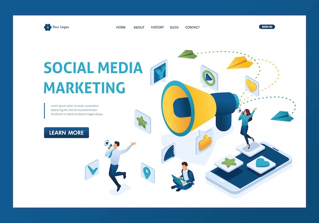 Isometrisches Social Media-Marketing-Konzept mit Charakteren und einer großen Megaphonlandungsseite