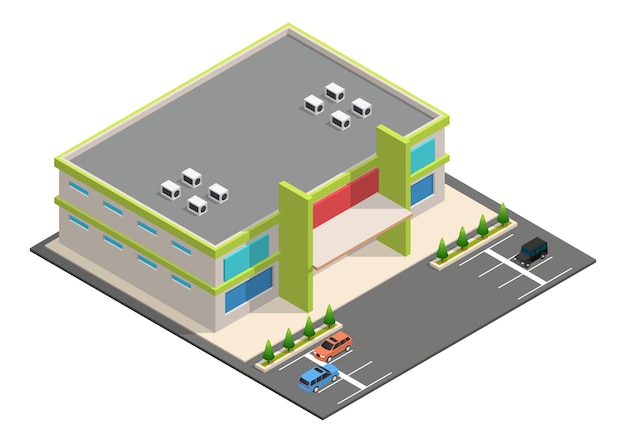 Isometrisches Supermarktgebäude mit Parkplatz.