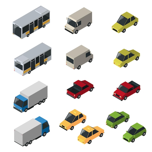 Isometrisches transportset mit isoliertem vektordesign für busautos