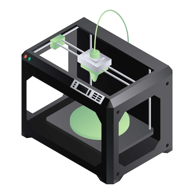 Isometrisches Vektor-Symbol eines 3D-Druckers für Webdesign, isoliert auf weißem Hintergrund