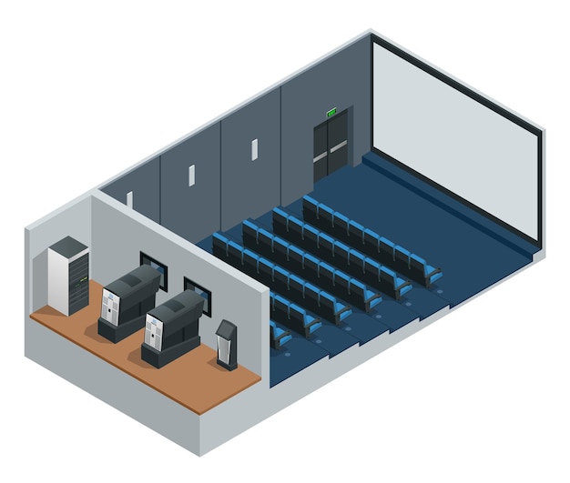 Isometrisches Vektorkino mit leerem Bildschirm. Beinhaltet eine Filmprojektionsleinwand, Sitze und Projektoren.