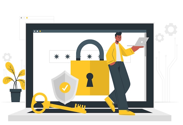Isometrisches Vektorkonzept für Cybersicherheit Mann mit Laptop und Schild.