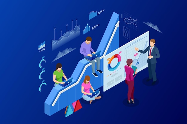 Isometrisches Webbanner Datenanalyse und Statistikkonzept. Vektor-Illustration Business Analytics, Datenvisualisierung. Technologie-, Internet- und Netzwerkkonzept. Daten und Investitionen.