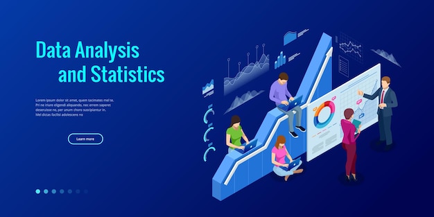 Isometrisches webbanner datenanalyse- und statistikkonzept. vektor-illustration business analytics, datenvisualisierung. technologie-, internet- und netzwerkkonzept. daten und investitionen.