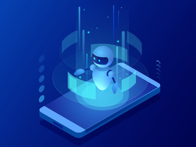 Isometrisches Wissenschaftslehrer-Bot-Konzept. Künstliche Intelligenz, Wissen Expertise Intelligenz Lernen. Technologie und Ingenieurwesen. Online-Schulungsbanner.