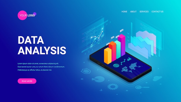 Isometrisches zielseitenkonzept für die datenanalyse. 3d-grafikdaten auf dem smartphone-bildschirm, statistikbericht, symbole auf blau. illustration für mobile app, website-vorlage, seo, marketing-infografik