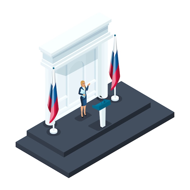 Isometry ist eine Kandidatin für die Präsidentschaft, die Kandidatin spricht bei einem Briefing im Kreml. Rede, russische Flagge, Wahlen, Abstimmung
