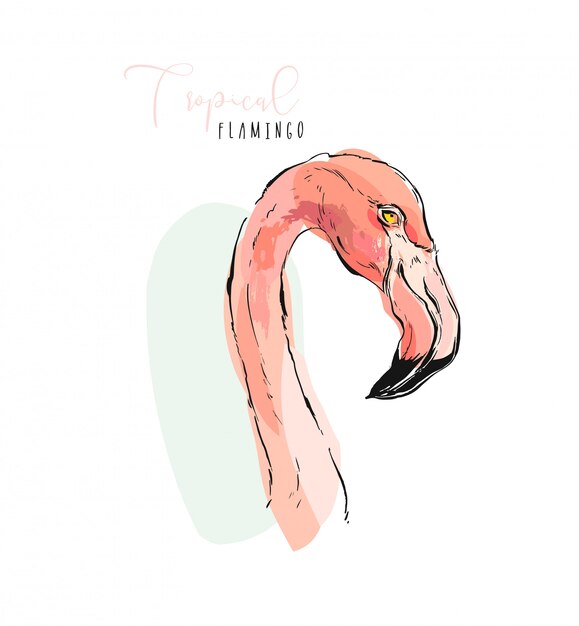 Istic illustration des tropischen exotischen paradiesvogelrosa flamingos in den pastellfarben lokalisiert auf weißem hintergrund.