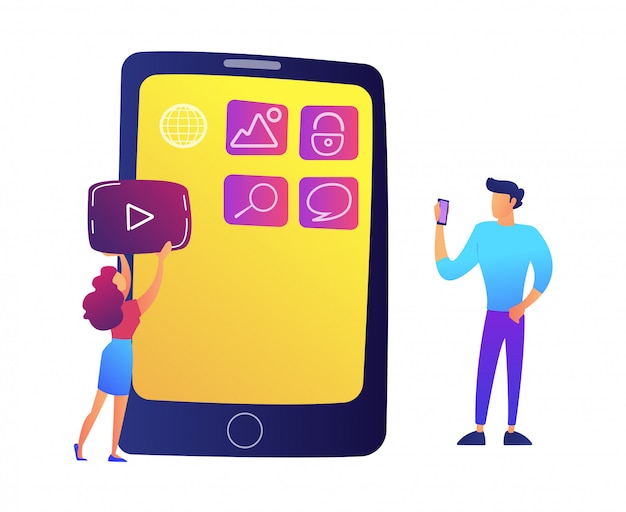 IT-Spezialisten, die mobile Anwendungen auf Smartphone-Bildschirmvektorillustration erstellen.