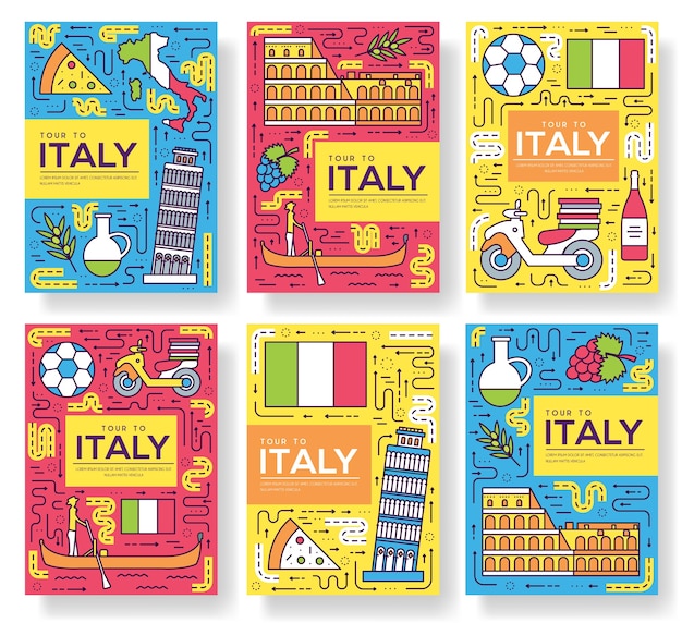Italien broschüre karten dünne linie gesetzt. landreisevorlage von flyern, zeitschriften, plakaten