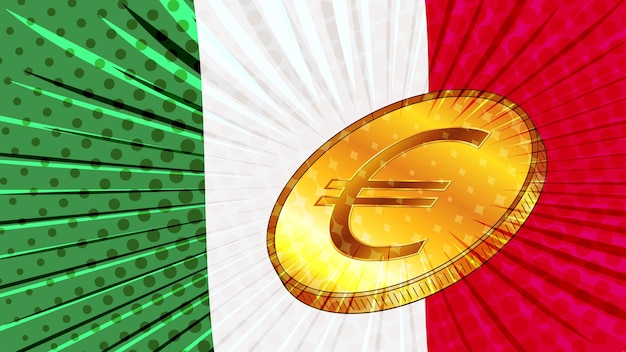 Italien-Flagge und goldene Münze mit Zeichenwährung Euro EUR CBDC-Konzept